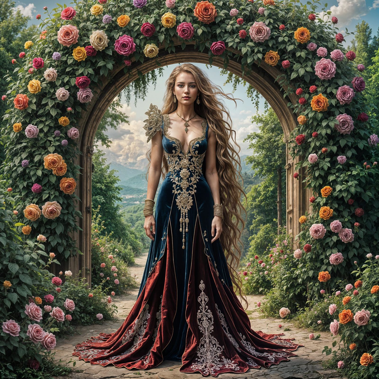 Woman in Velvet Dress Before Rose Arch