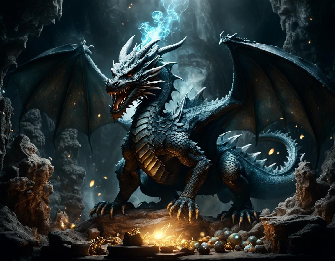 Roaring Dragon on Treasure Hoard in Cavern