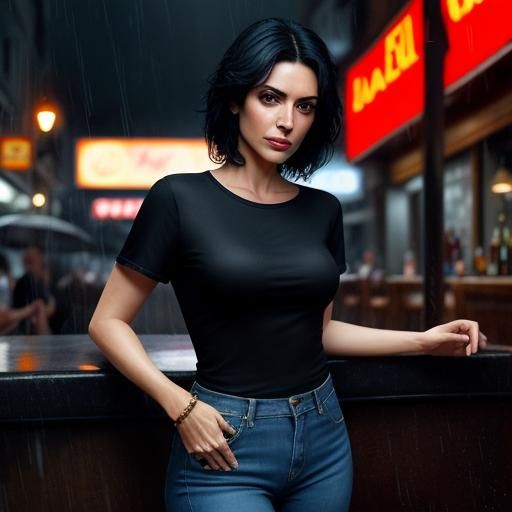 Stylish Spanish Woman on a Rainy Night Out