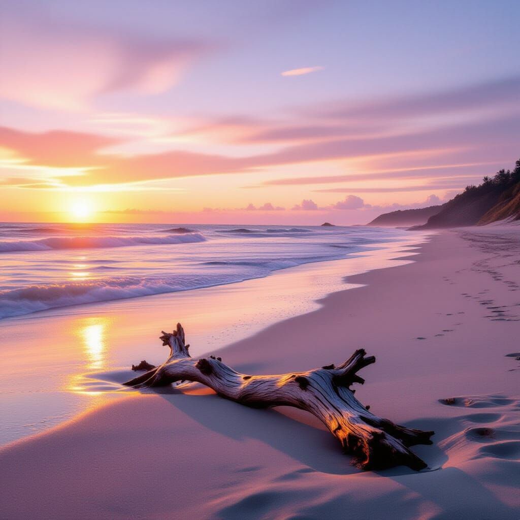 Deserted Beach Cove at Dawn: Photorealistic Wide-Angle Shot