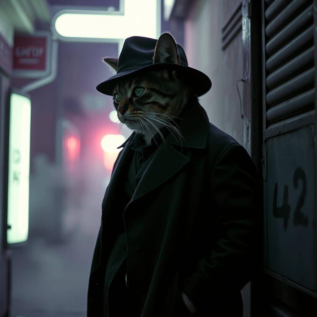 Rugged Noir Detective in Foggy City Alleyway