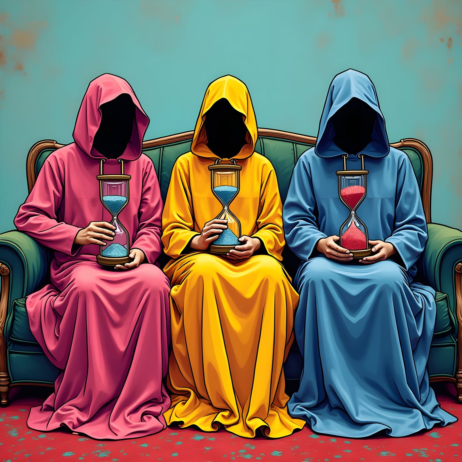 Three Pop Art Figures Hold Hourglasses in Vibrant Cloaks