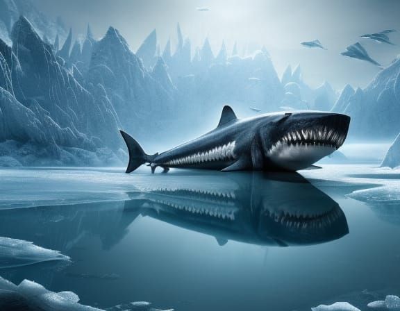 Frozen Shark Breaks Through Ice: Epic Digital Painting