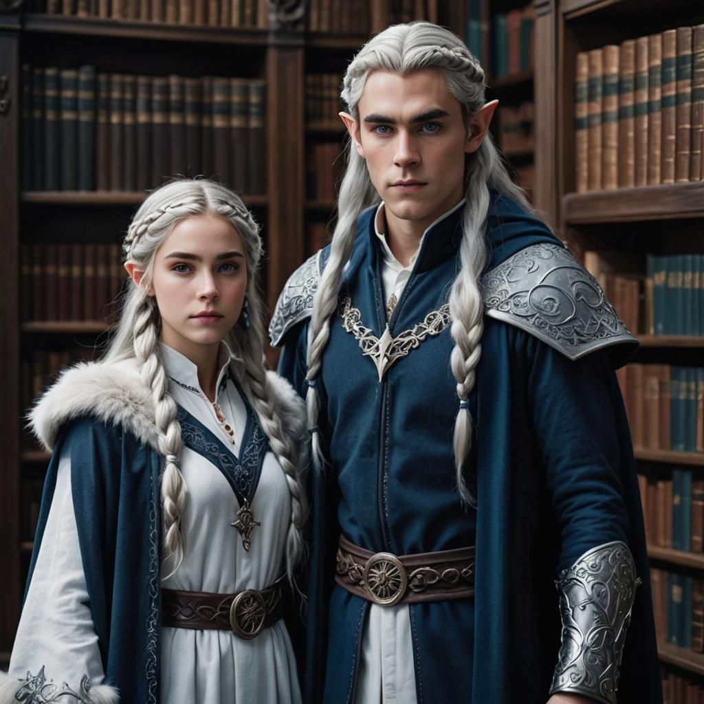 Elven Twin Wizards in a Library