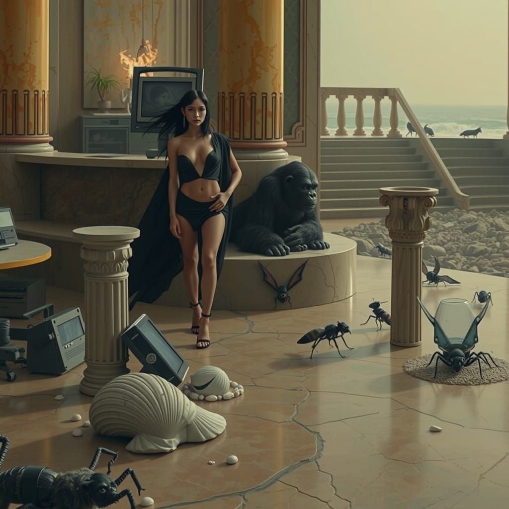 Goth Goddess Model with Giant Creatures in Apocalyptic Coffe...