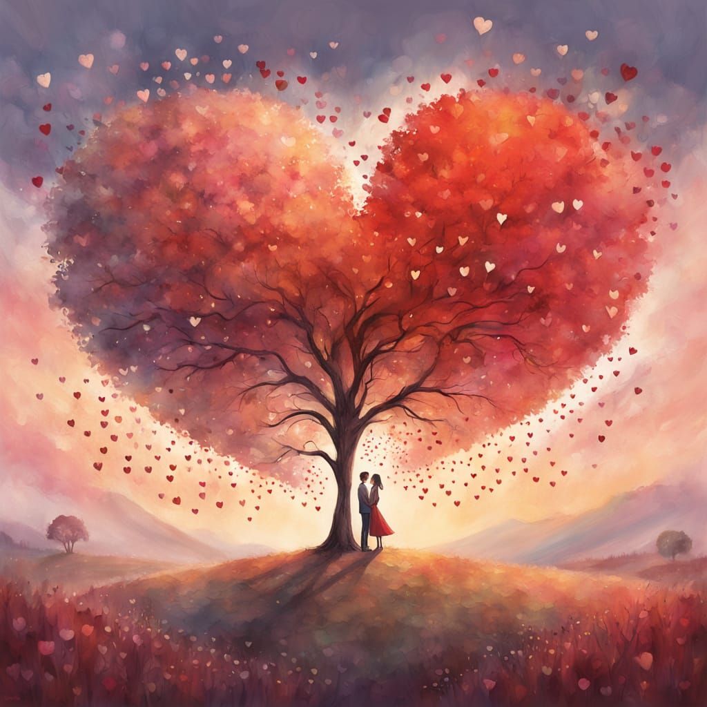 Couple Under Heart Tree in Dreamy Landscape