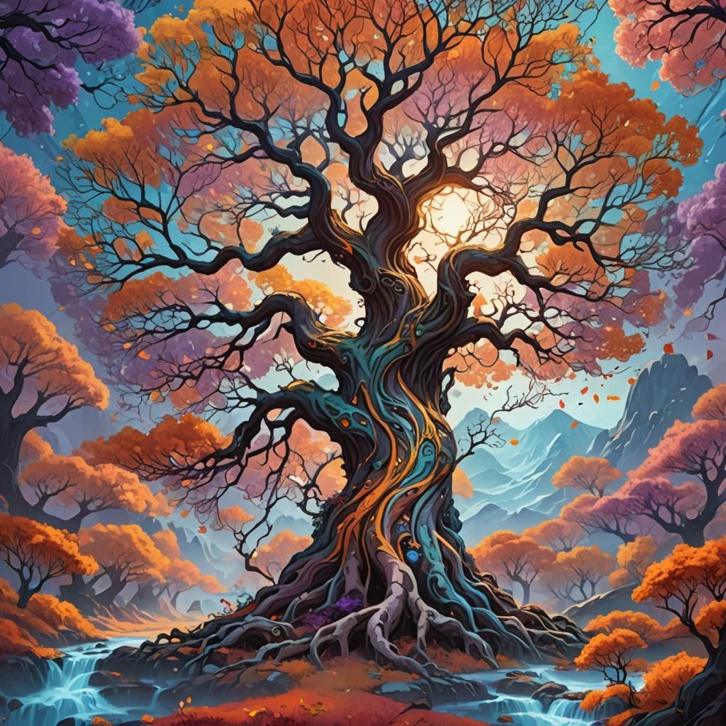 Majestic Seasonal Tree in Dreamlike Landscape