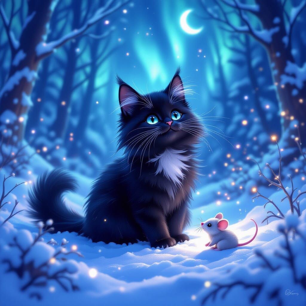 Black Cat Plays in Magical Snowy Forest
