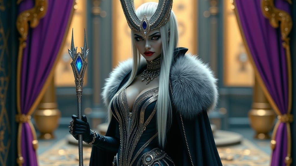 A gorgeous dark elf woman with sharp features and an ample b...