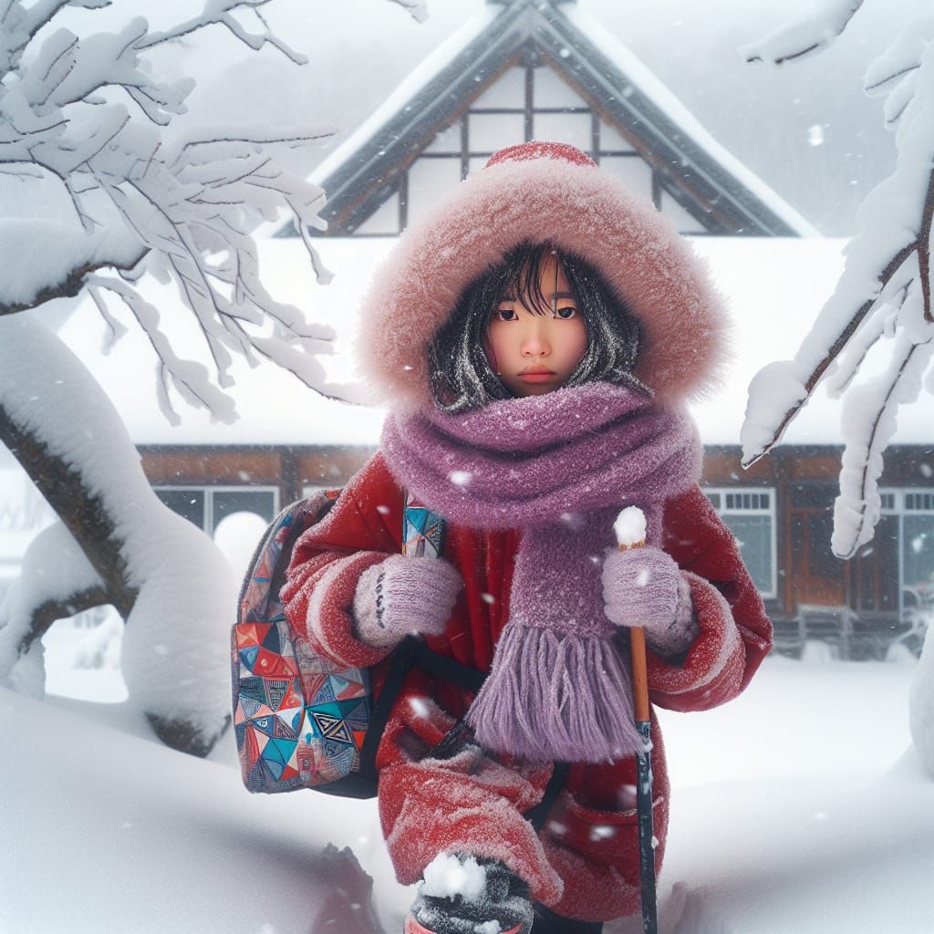 Asian Girl Walks to School in Winter Wonderland