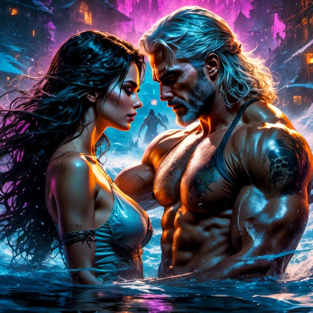 Romantic Witcher Couple in Hot Tub, Splash Art