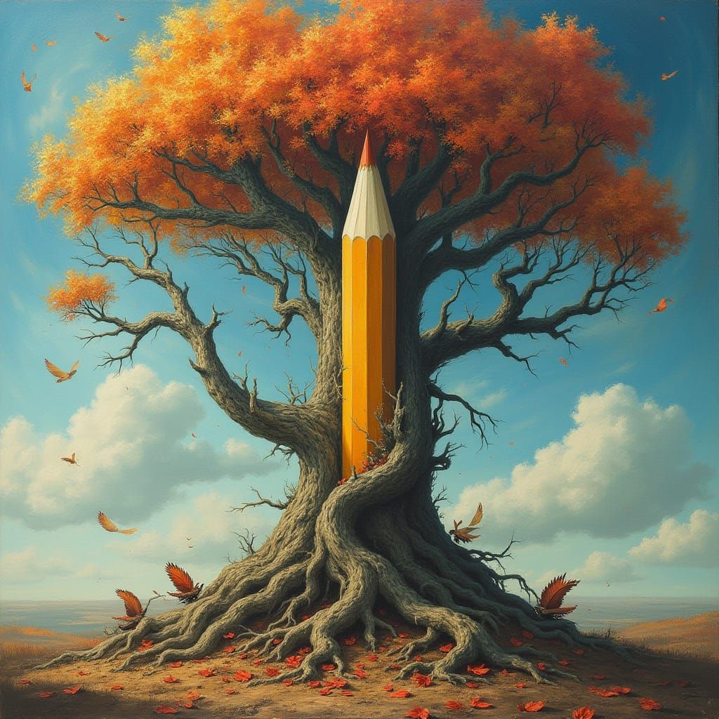 Surreal Pencil Tree Amidst Autumn Vortex Sky