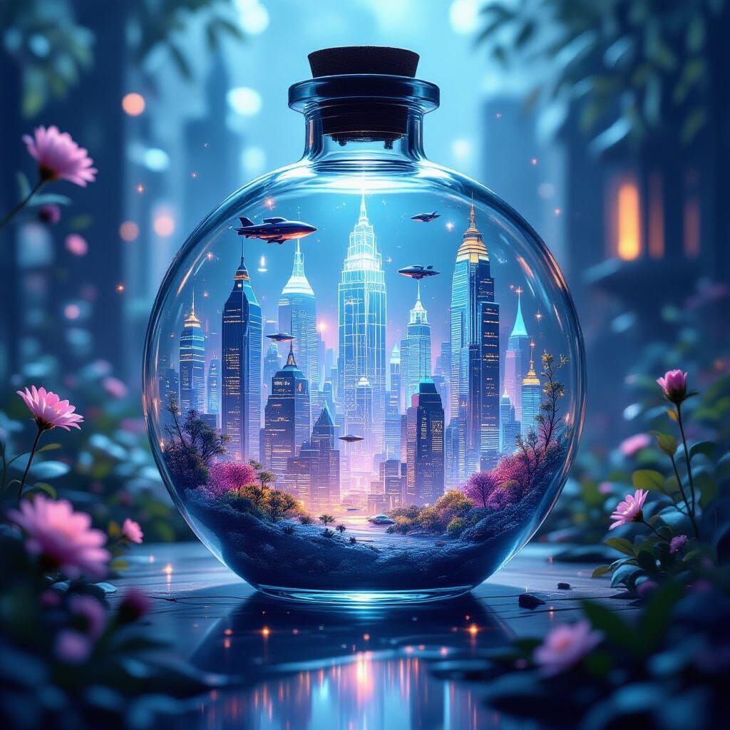 Futuristic City in Vial with Arcane Glow