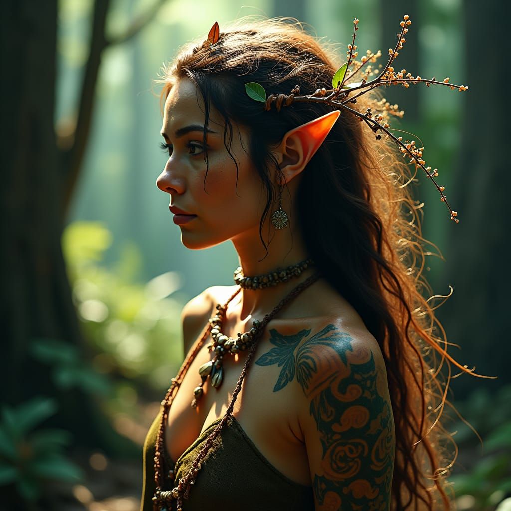 Mystical Forest Woman with Tribal Tattoos