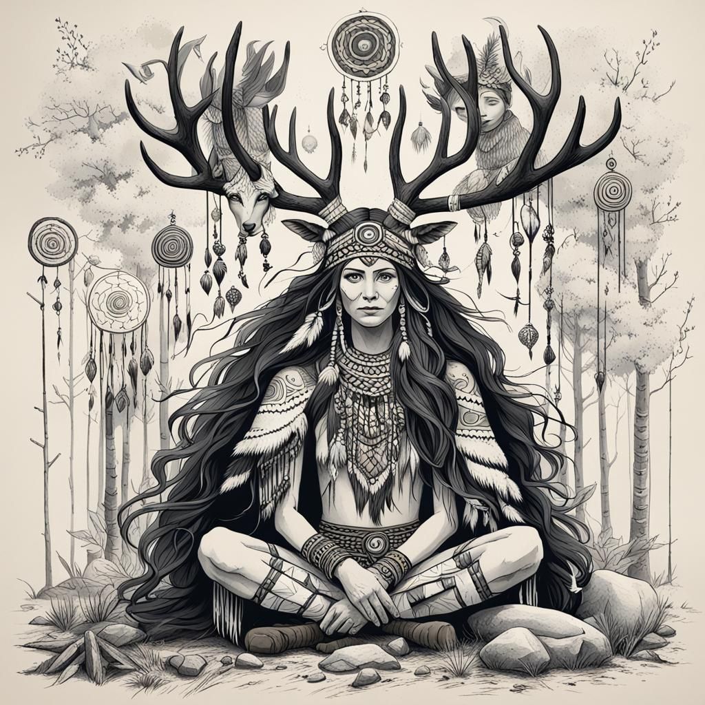 Antlered Shaman Woman: Mystical and Powerful