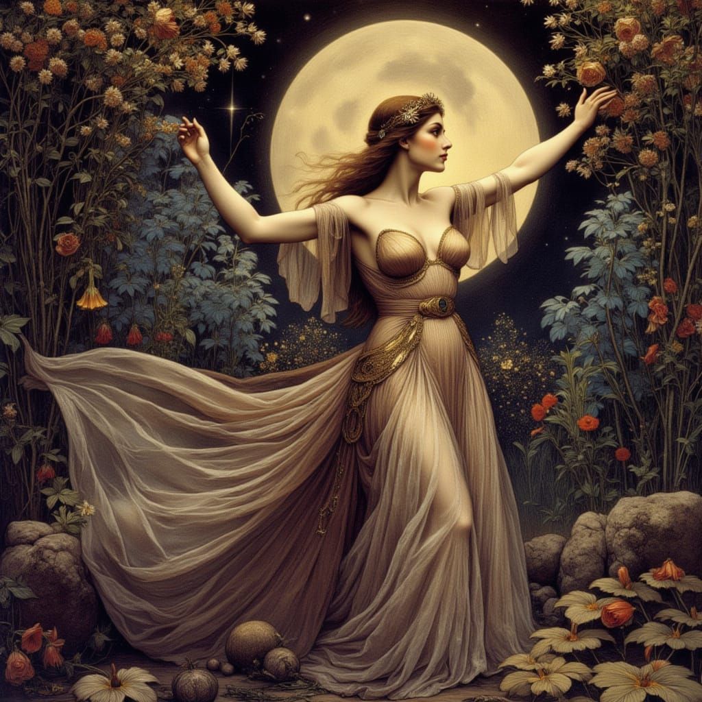 Moonlight Goddess in Art Nouveau and Dark Comic Style