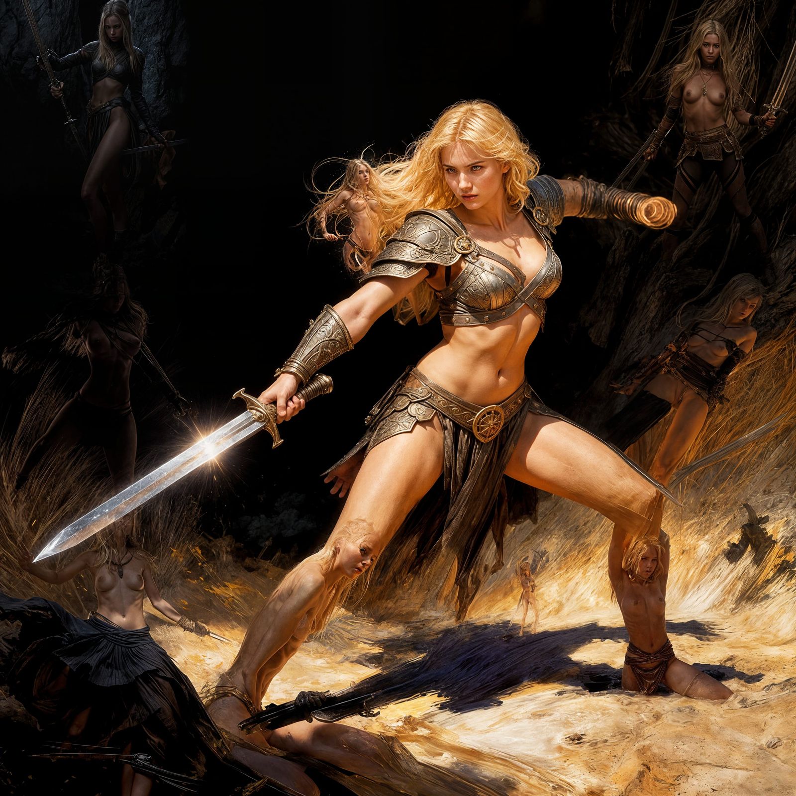 Fantasy Handmaiden Warrior with Sword in Dynamic Lighting