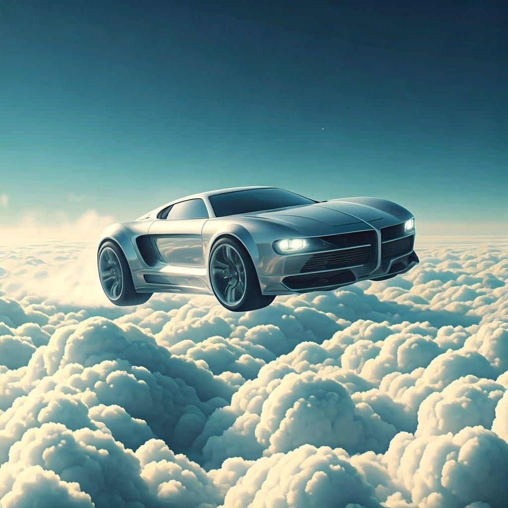 Futuristic Flying Car Drifting in Clouds