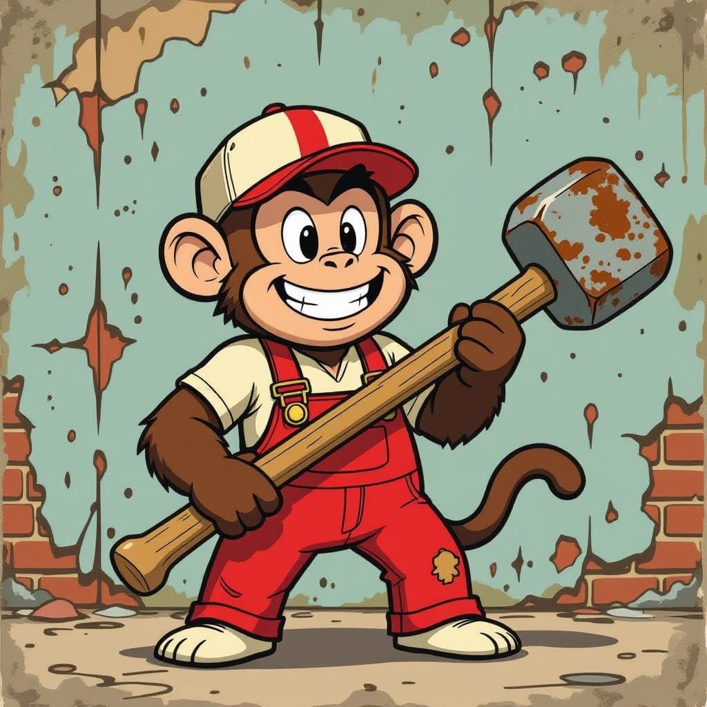 Cartoon Monkey Handyman with Mallet in Rubber Hose Style