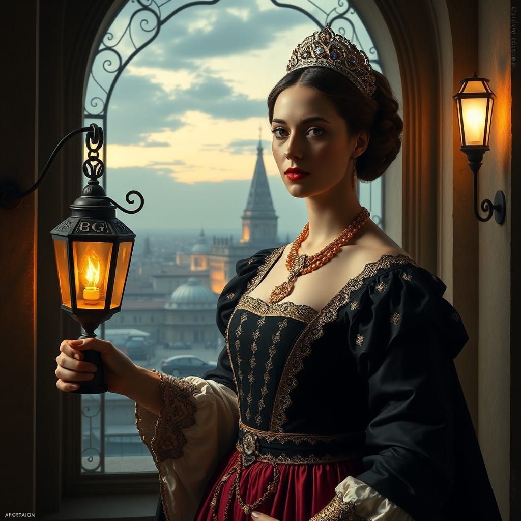 Elegant Renaissance Queen with Pearl Necklace in Majestic It...