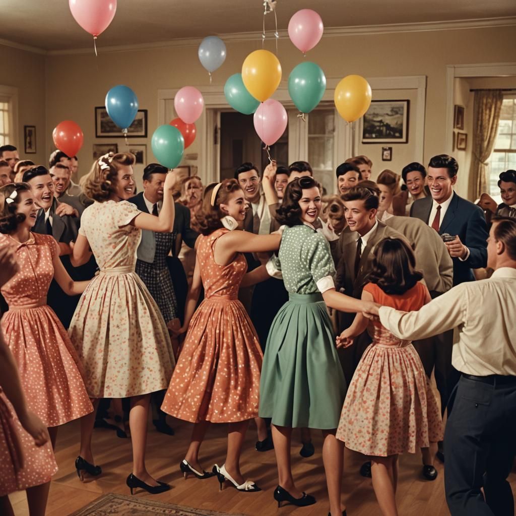Teenagers Dancing at 1950s House Party in Retro Realism