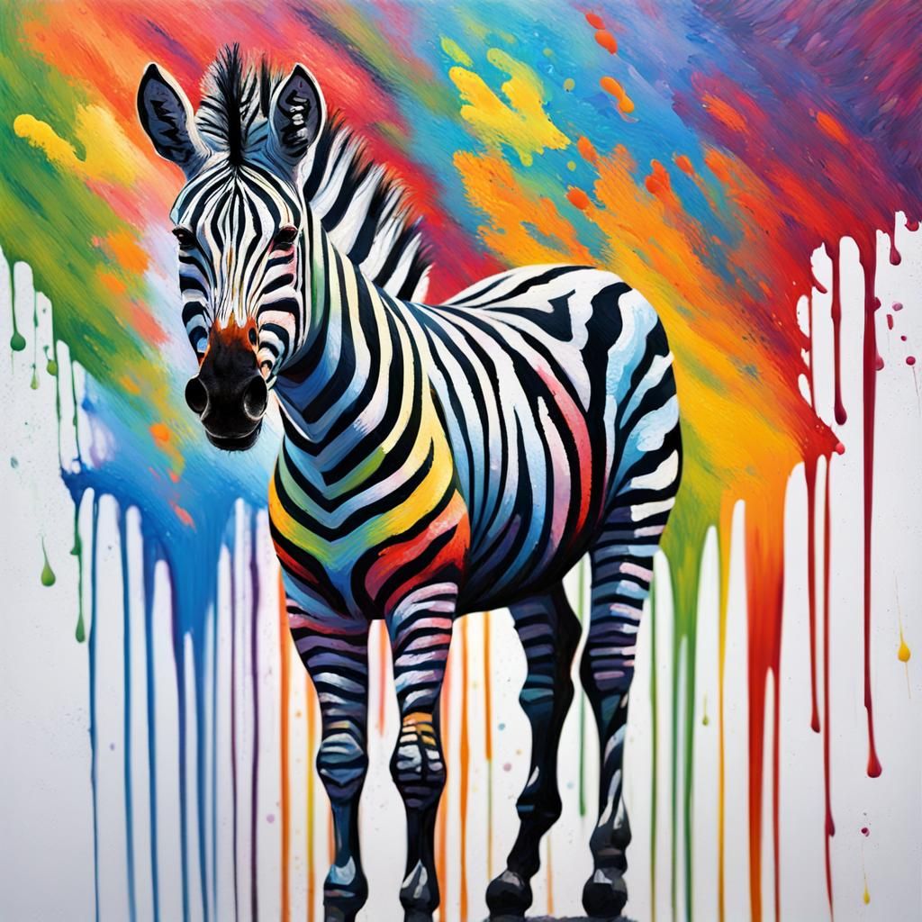 Rainbow Zebra in Expressionist Dripping Paint Style