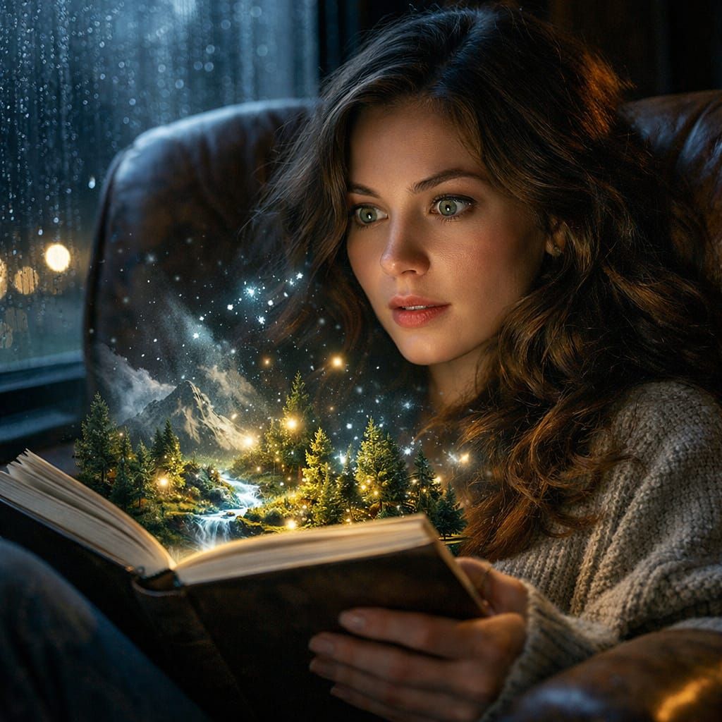 Woman Reading Magical Holographic Forest Emerging from Book
