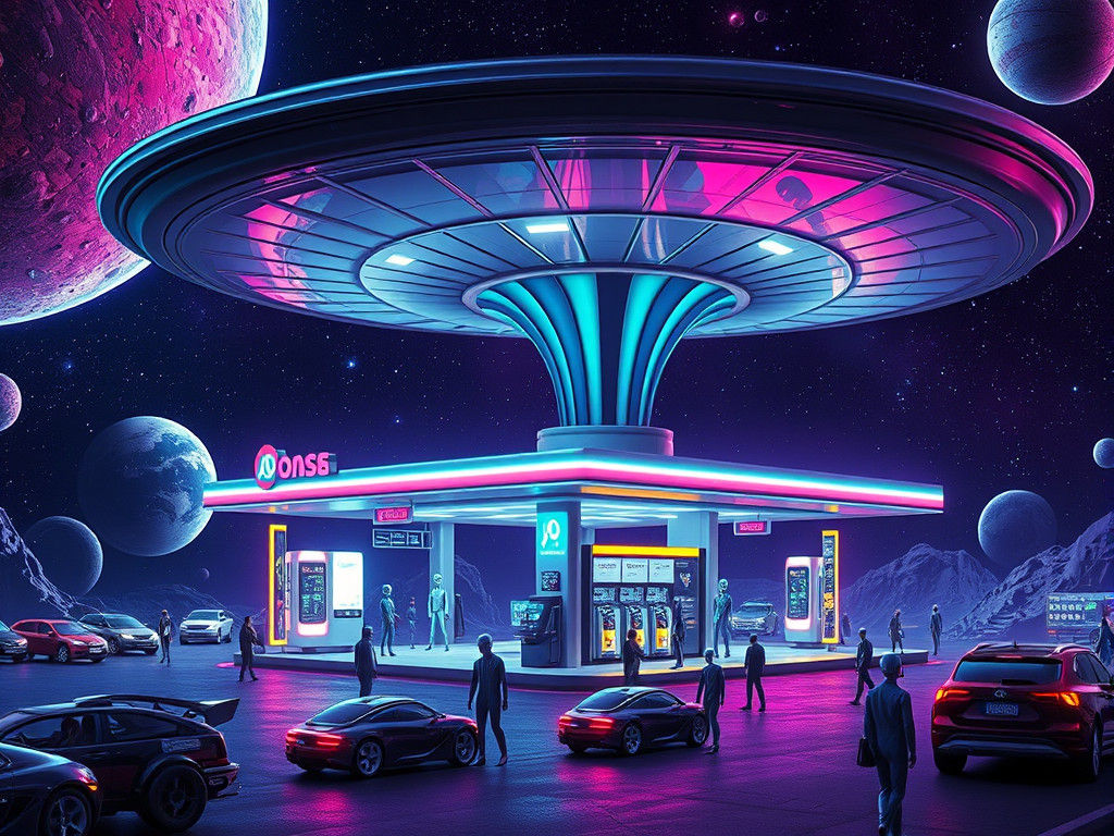 Otherworldly Gas Station in Space, Surrealist Sci-Fi