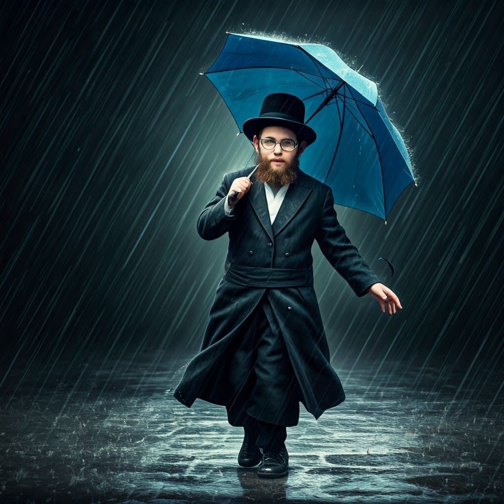 Ultra-Orthodox Youth Dances in Whimsical Rainy Scene