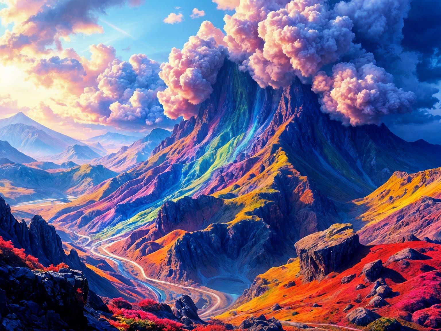 Iridescent Rainbow Landscape in Abstract Dreamscape