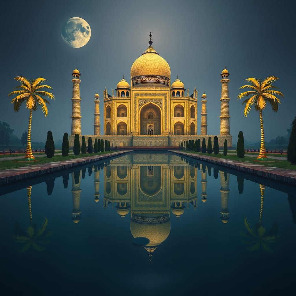 Golden Taj Mahal Reflection in Moonlight Pool