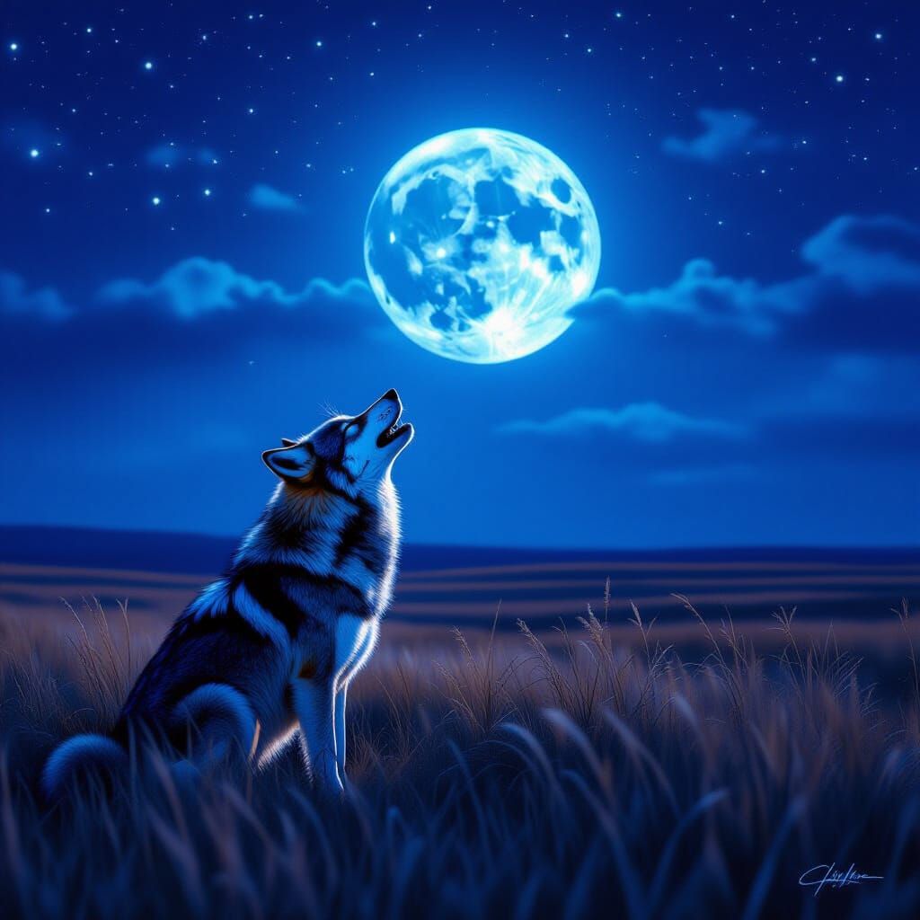 Lone Wolf Howling at Blue Corn Moon on Prairie