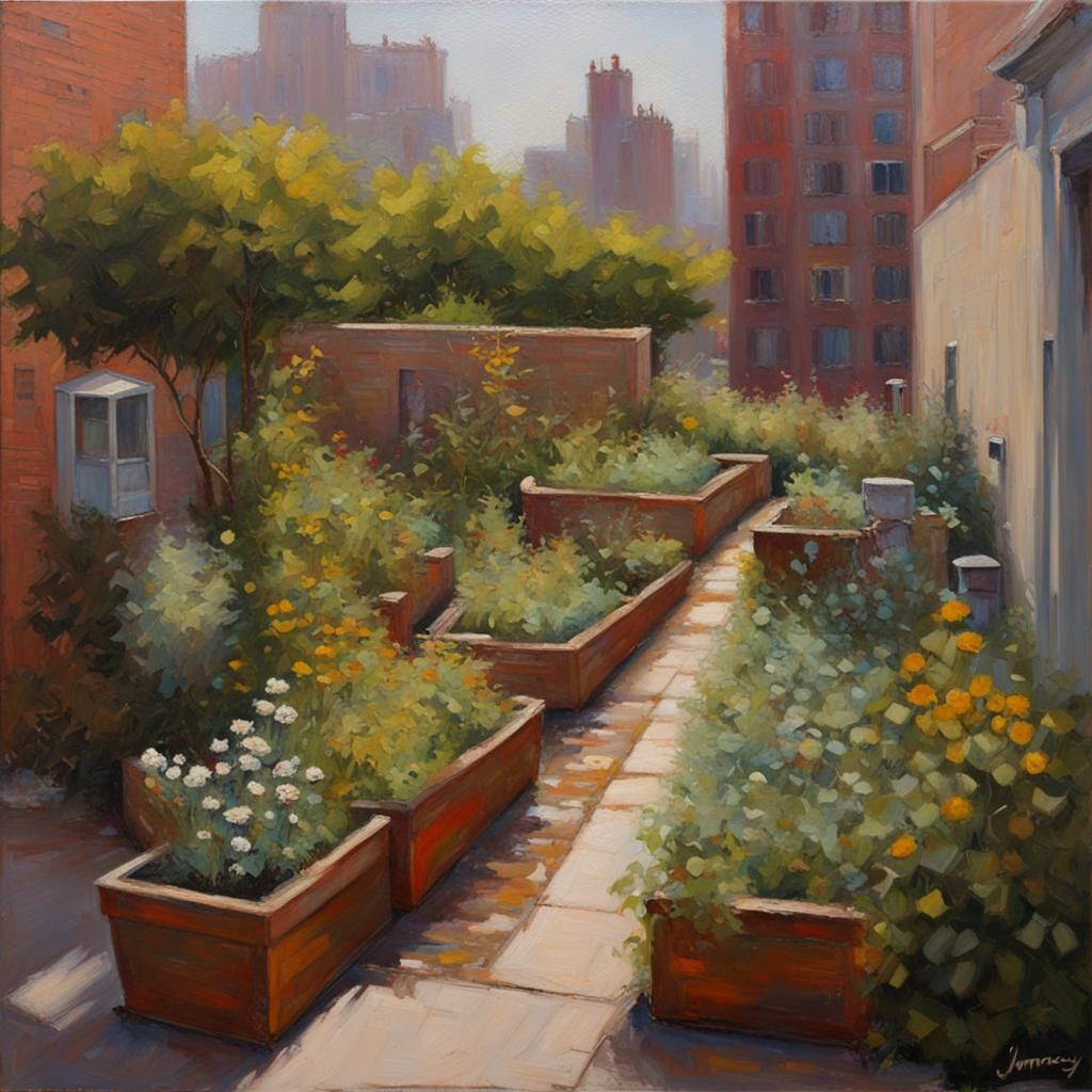 Lush Urban Garden in Oil Painting Style