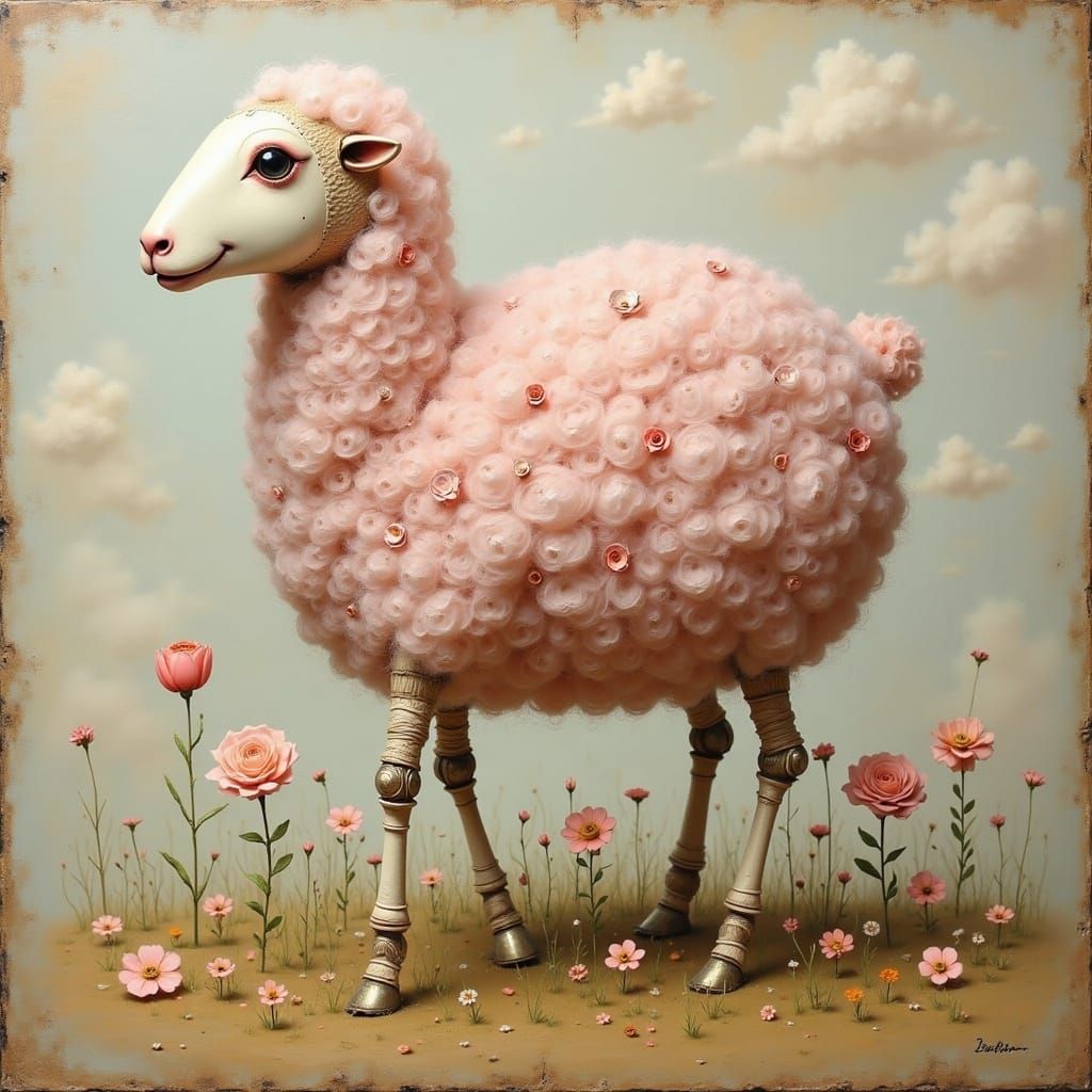 Surreal Whimsical Sheep Robot in Folk Art Style