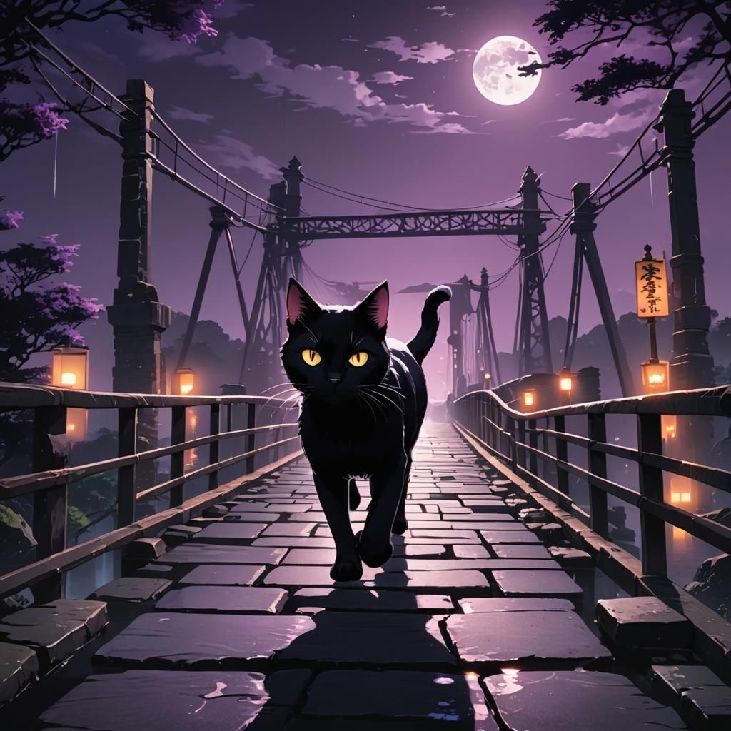 Anime Black Cat Runs on Bridge at Night