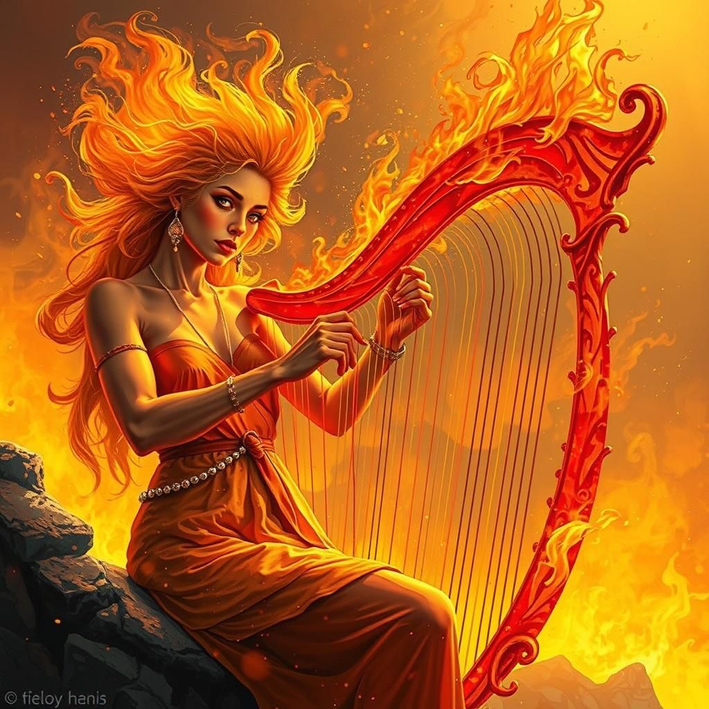 Fiery Harpist Portrait in Surreal Style