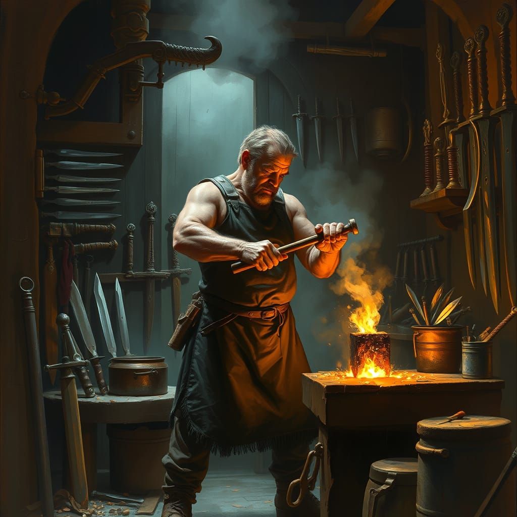 Dramatic Blacksmith Forges Epic Blades in Dark Industrial Wo...