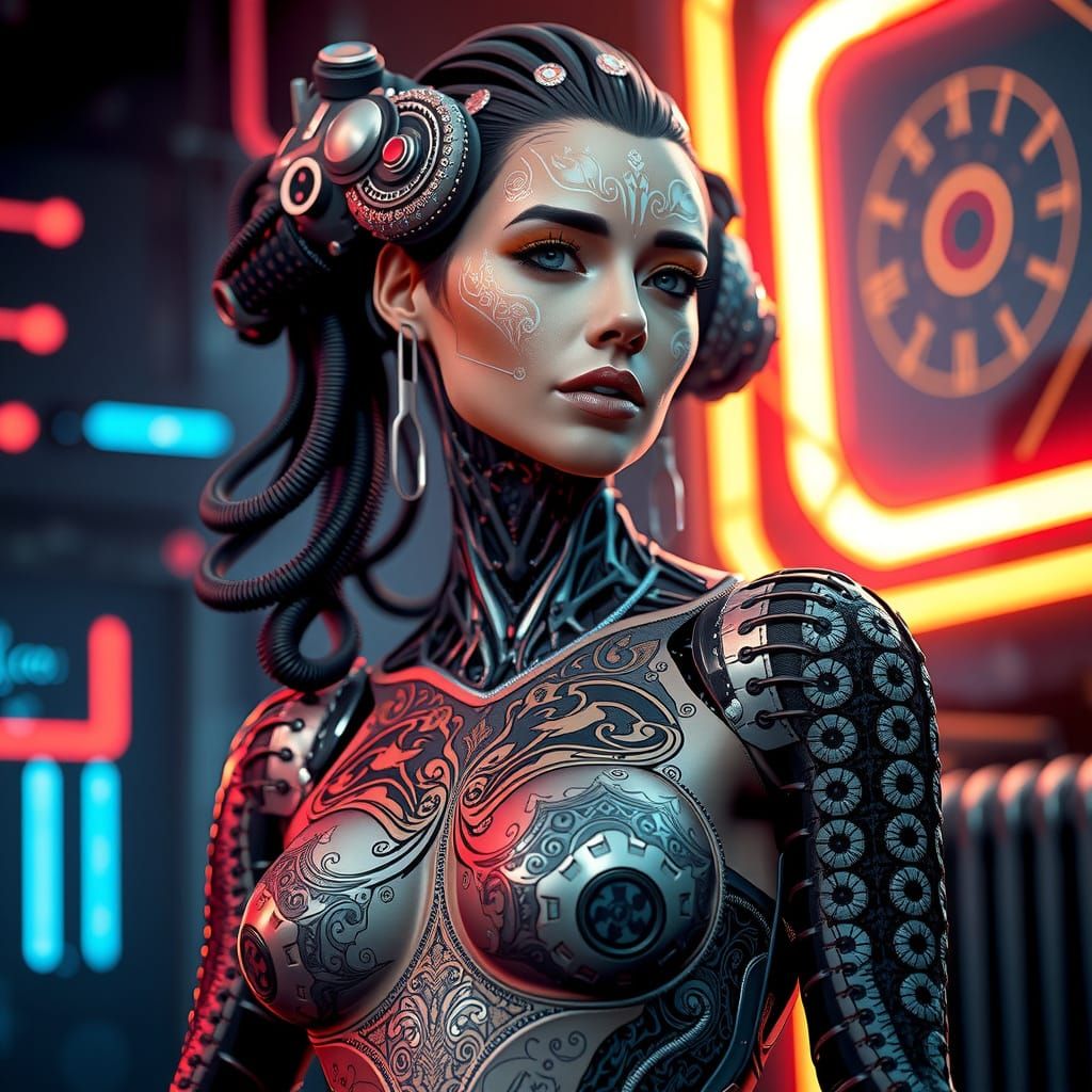 Cyber Goddess in Ornate, Swirling Patterns, High-Tech Futuri...