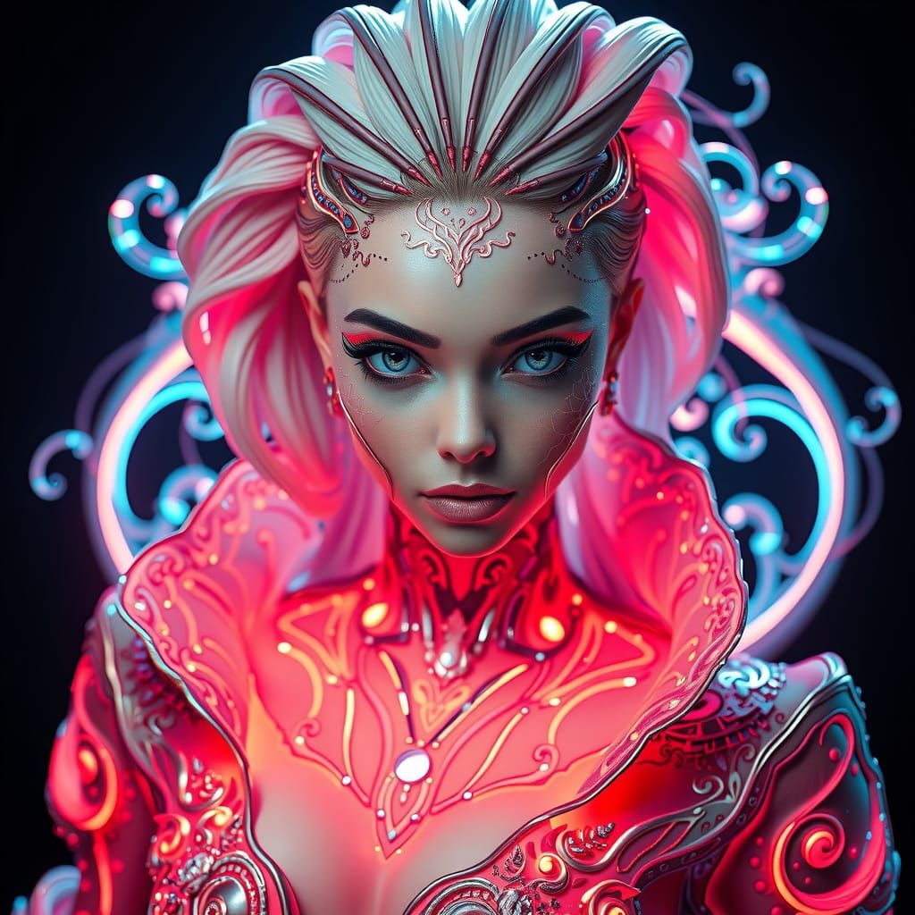 Cyber Beauty in Futuristic, Neon-Lit Opulence