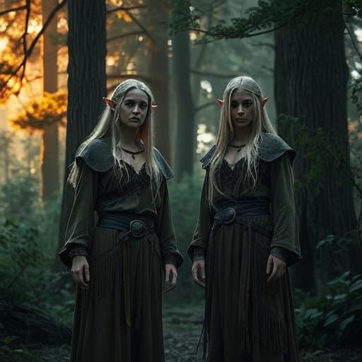Elves in Forest Clearing with Golden Light