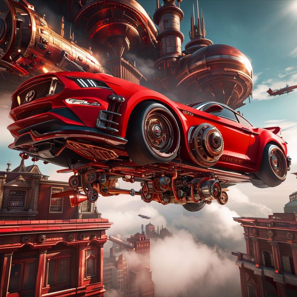 Flying Red Ford Mustang renovated in steampunk, with futuris...