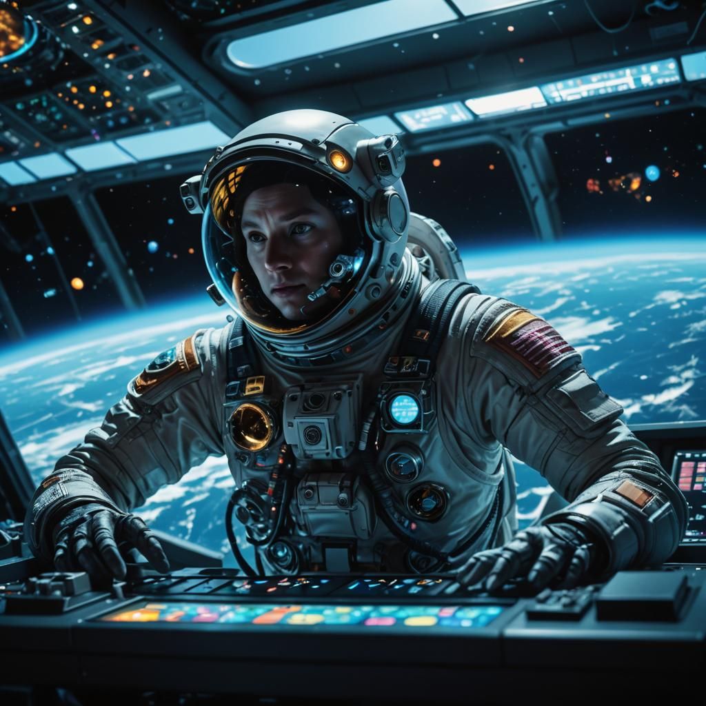 Perplexed Astronaut in High-Tech Control Room