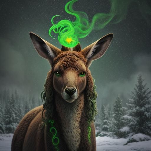 Celtic tattooed kangaroo . Green eyes and extremely long curly hair. Green mood. Chiaroscuro soft blended light, nice st...