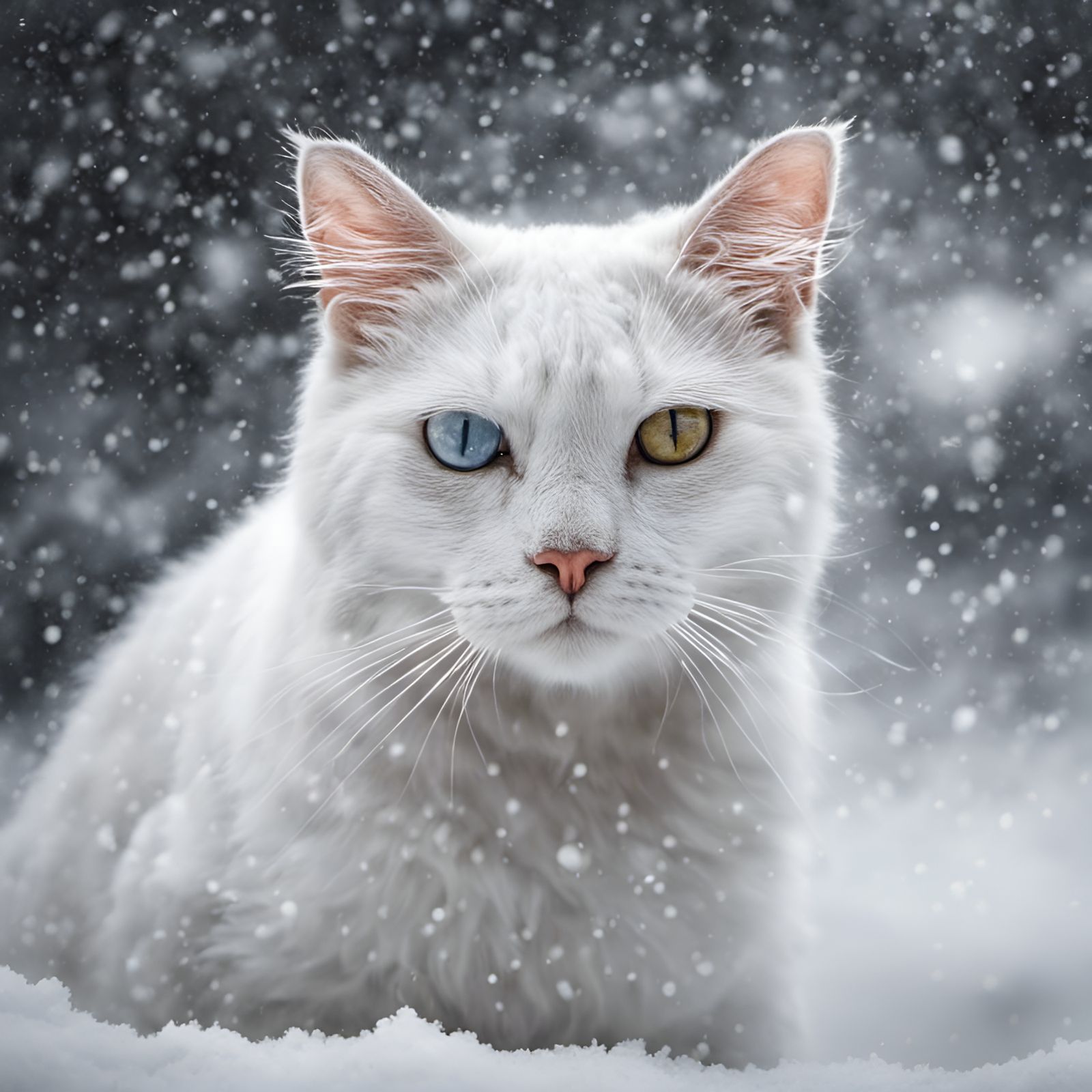 White Cat in Snow Storm, Hyperrealistic Rendering