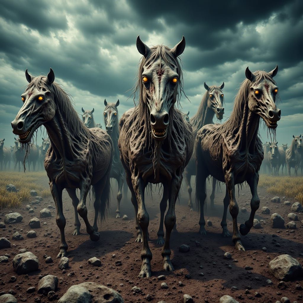Undead Zombie Horses Thundering Across Desolate Plain