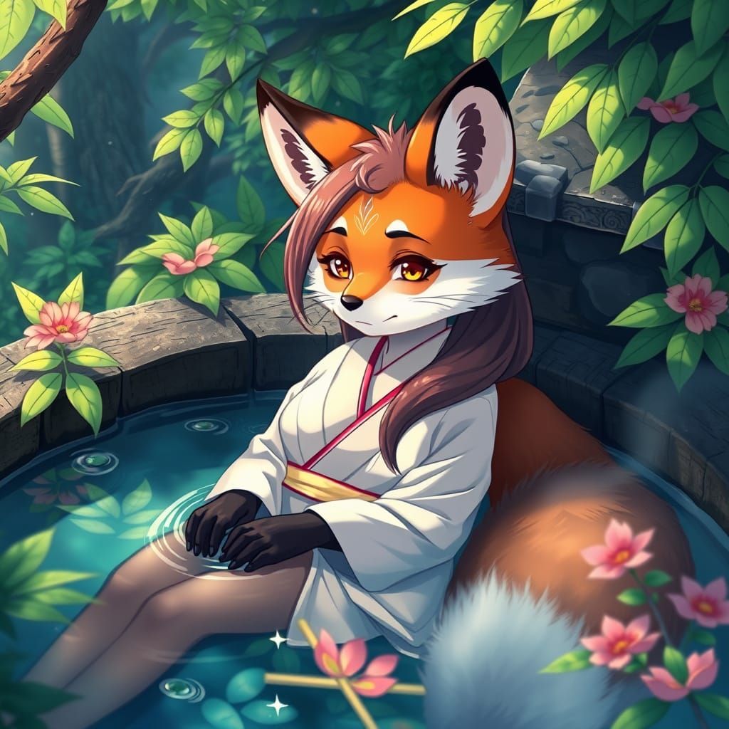 Anime Fox Woman in Hot Spring, Detailed Matte Painting