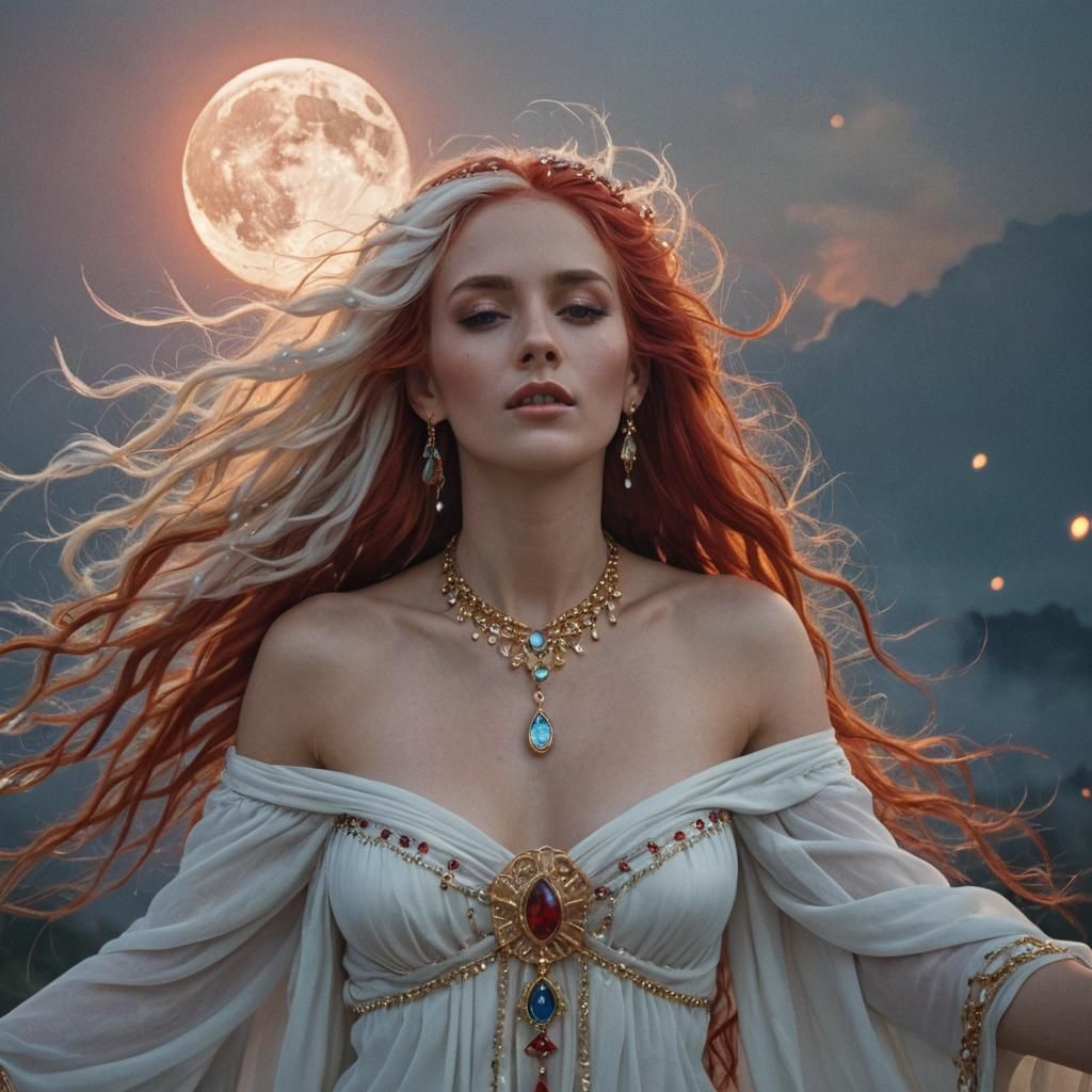 Goddess with Gemstones in Mystical Sky