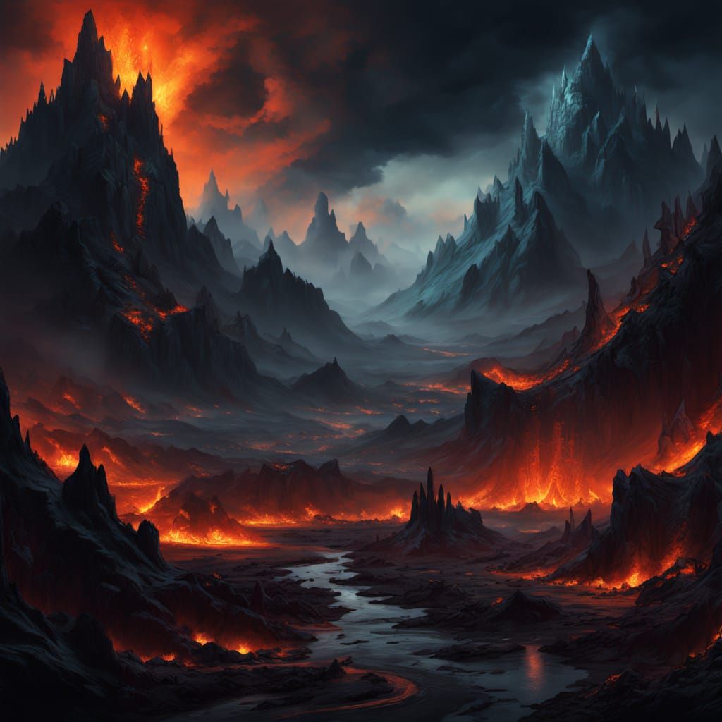 Dark Fantasy Mountain Range in Deep Blues and Oranges