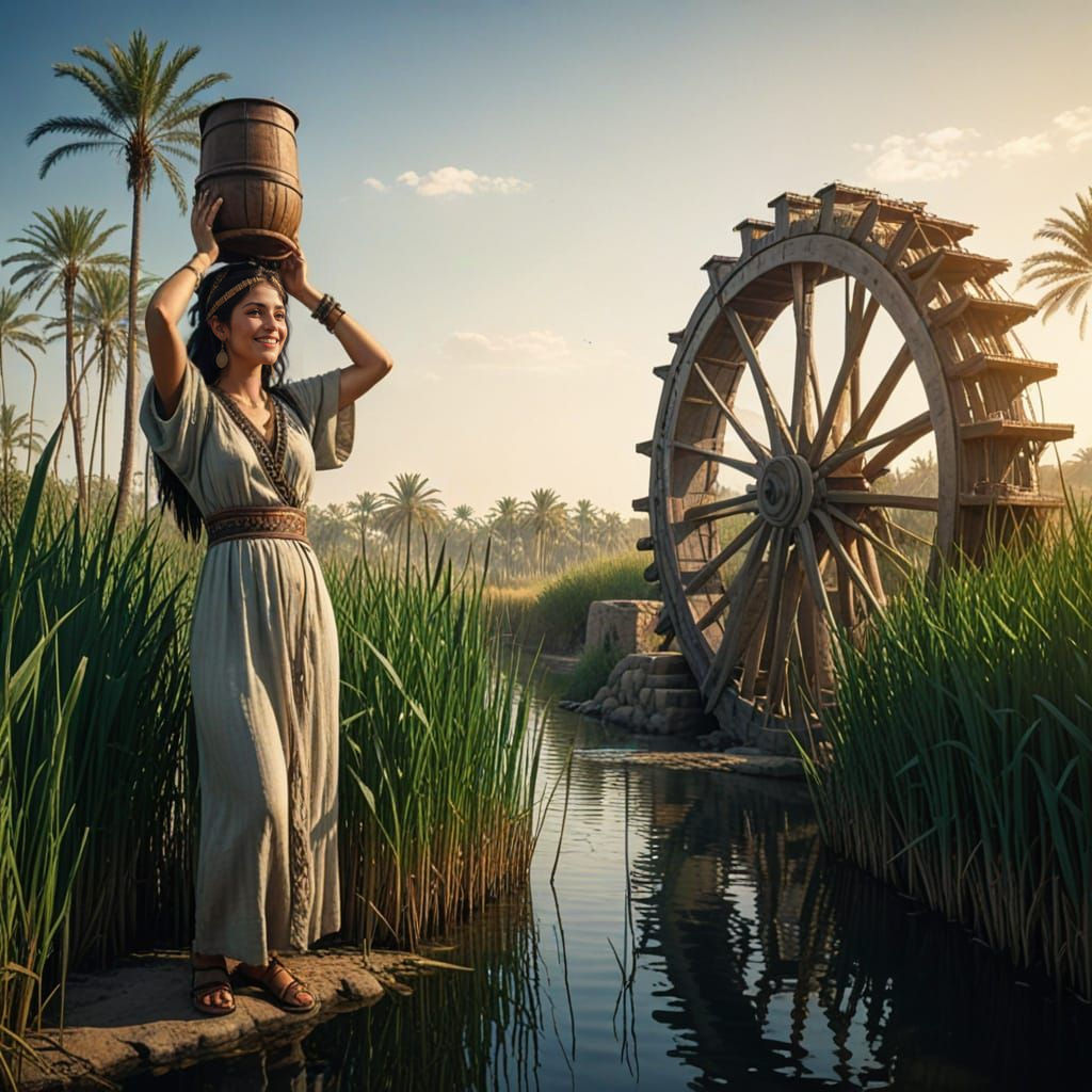 Ancient River Scene with Serene Waterwheel