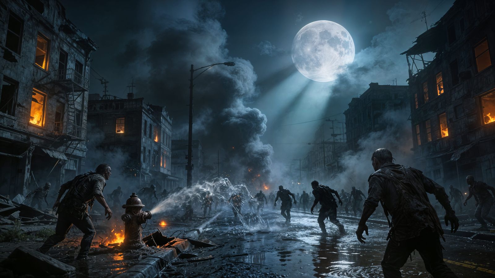 Zombie Apocalypse in Moonlit Destroyed City